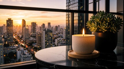 Fototapeta premium Burning candle flickers on marble table at balcony during golden sunset. Small succulent plant in dark pot sits next to lit candle. Urban city skyline with skyscrapers, street lights view from high