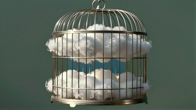 Metal birdcage holds fluffy white clouds against a muted green backdrop.
