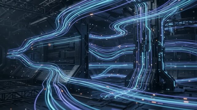 Futuristic Corridor Scene with Flowing Neon Lines in a Dark Industrial Setting