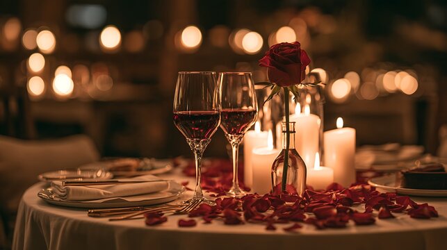 Dinner Table exquisite romantic Valentine's Day dinner table set for two, small round table with crisp white linen, two crystal wine glasses with deep red wine, single long-stem red rose in 