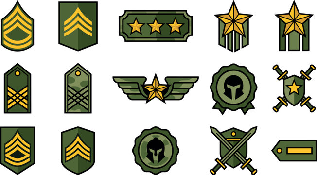 Military Rank and Tactical Award Icon Set Featuring Army Chevrons Gold Stars Wings Swords Shields and Spartan Helmet Badges for Gaming Interfaces