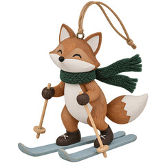 Fototapeta premium Carved wooden fox figurine skiing with poles and green scarf, isolated on a transparent background. Winter sport decoration, holiday ornament, seasonal craft.