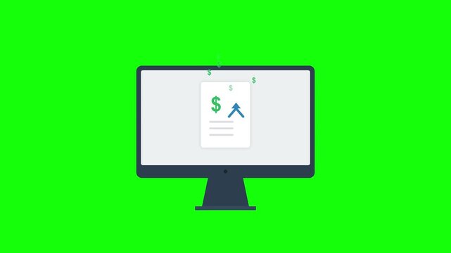 Computer monitor displaying financial document with dollar sign and compass icon on green screen background.