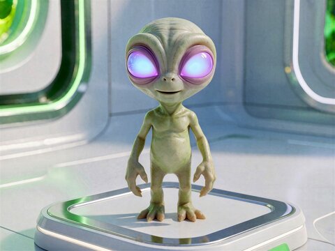 Cute Green Alien with Glowing Purple Eyes in Futuristic Spaceship Interior