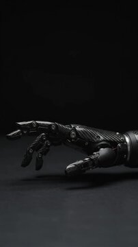 Abstract futuristic carbon fiber robotic prosthetic hand moving, ai generated