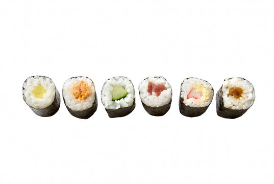 Selection of Six Different Sushi Hosomaki Rolls in a Row