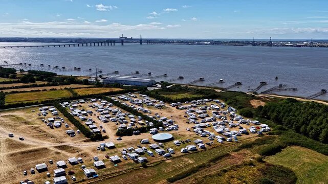 Aerial view of the Antargaz industrial facility and nearby campsite by the Loire estuary in Donges, Pays de la Loire, France.