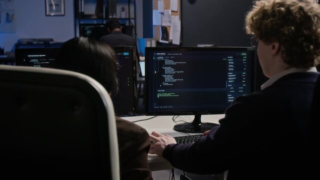 Young Caucasian man seen from behind typing code and discussing with Asian coworker in IT office. Ideal for software development, cybersecurity advertising, data defense promos