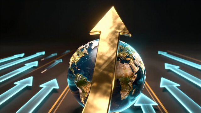 A golden globe with an upward arrow symbolizing growth and progress.
