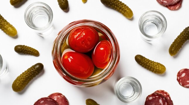 Vodka shot with small glasses, pickled vegetables on white background. Glass jar with red cherry tomatoes, green pickles. Salami slices spread around table. Top view of alcohol snack setup for party