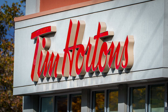 Tim Hortons fast food location on a slanted angle.