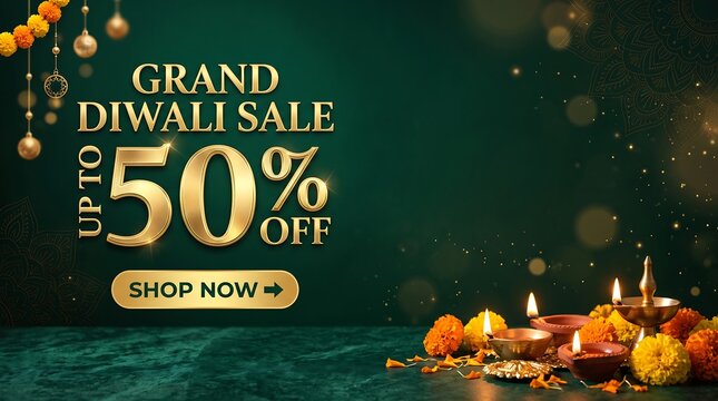 Grand diwali sale banner with fifty percent off discount text, featuring lit clay diya oil lamps and marigold flowers on a dark green textured background, with golden bokeh