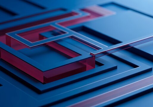 Sophisticated geometric abstract pattern featuring layered semi-transparent rectangles and floating squares in cerulean blue and burgundy, textures, harmony, style
