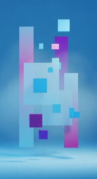 Soft blue mist surrounds diffused rectangles and floating squares in a minimalist geometric dreamscape over a bright white background art, futuristic, flat, contemporary