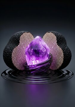 Split black truffle mushroom showcasing a glowing purple amethyst crystal with a glossy dark liquid vortex on a clean charcoal surface, liquid, black truffle, mushroom