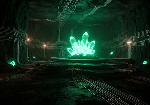 Subterranean lab with glowing emerald crystals, rock-carved platforms, and complex mining circuitry lines integrated into dark cavern walls, environment, energy, circuitry