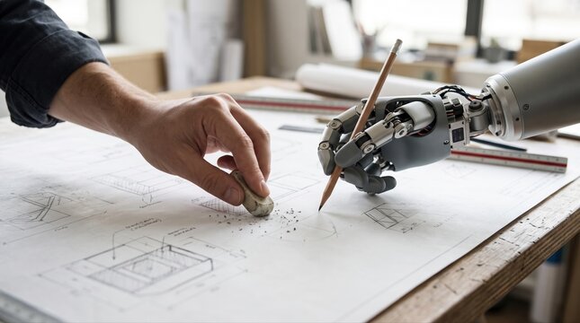 Human hand correcting a drawing error on an architectural blueprint while a robotic hand assists with design, illustrating concepts of AI collaboration and advanced engineering development