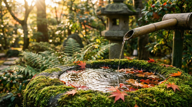 木漏れ日の差す庭の石鉢に流れ落ちる筧の水　紅葉と石灯籠