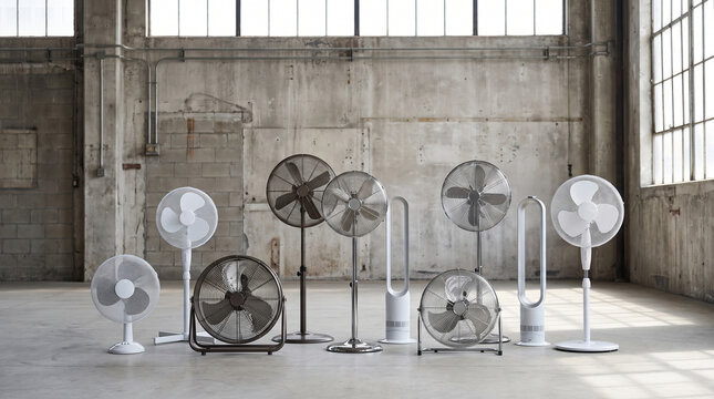Various types of standing fans in a factory.