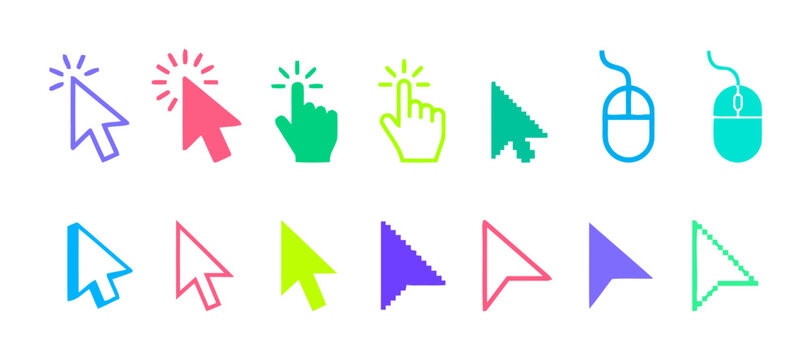 Colorful hand drawn computer cursors and mouse icons set