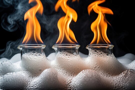 Three glass cups filled with white foam sit on dark surface. Bright orange flames rise from liquid inside glasses. Smoke swirls around fire in dark studio. Creative concept of chemical reaction fire
