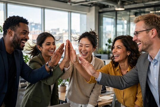Diverse business team celebrating with a high five