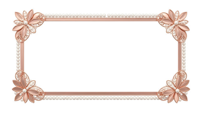 Rectangular rose gold frame with pearl borders and decorative floral corner accents, isolated on a plain white background