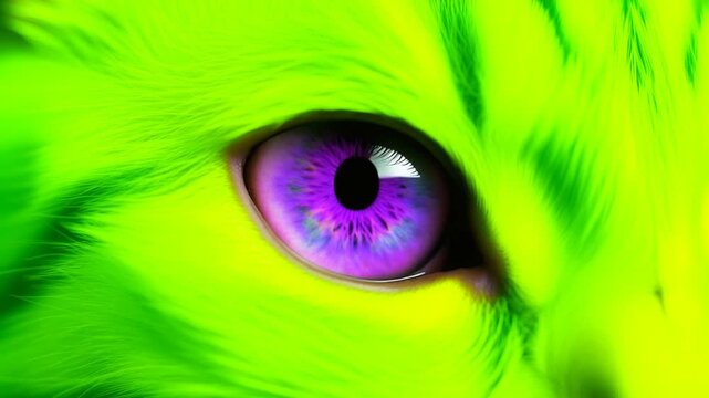 Extreme macro photorealistic footage of a beautiful cat with vivid neon-green fur and mesmerizing violet-purple iris
