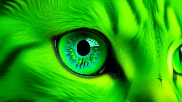 Extreme macro photorealistic footage of a beautiful cat with vivid neon-green fur and luminous emerald-green iris
