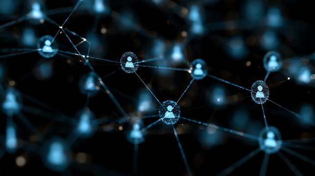 Visual representation of a digital network connecting users through glowing nodes, illustrating communication.