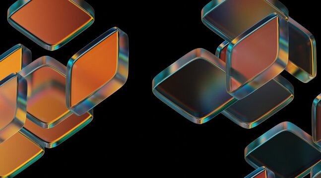 3d render on a black background, with reflections, transparency design, abstract teal orange iridescent glass cubes blocks.