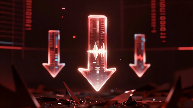 Abstract digital data flow visualized as a futuristic downward arrow on a dark background.