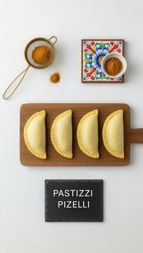 Ritratt minimalista mill-fuq ta' pastizzi tal-piżelli tradizzjonali Maltin fuq bord tal-injam b'lavanja, passatur tar-ram, kosta tal-madum, u ħwawar tal-curry.