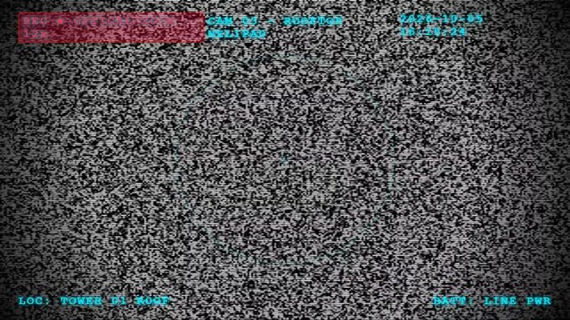 Analog television static noise with digital security camera overlay