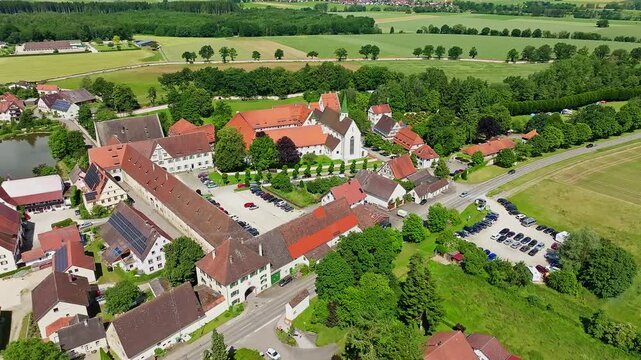 Aerial view of the village of Heiligkreuztal with the cathedral and the former Cistercian nunnery, district of Biberach, Upper Swabia, Baden-W&uuml;rttemberg, Germany