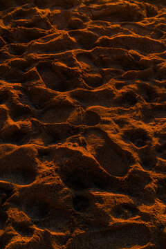 View of footprints in the sand on a beach illuminated by warm golden hour light in the United Kingdom.