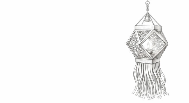 Hanging Diwali paper lantern Akash Kandil with burning diya and streamers. Detailed pencil sketch with left copy space.