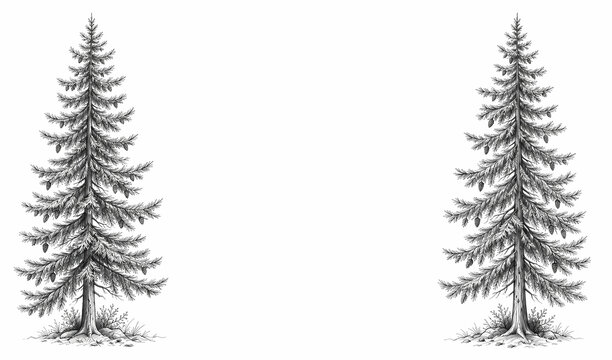 Twin pine evergreen trees framing wide center copy space. Detailed botanical pencil and ink sketch on white background.