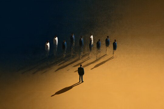 Abstract conceptual artwork of business professionals dissolving into golden particles in a modern workplace concept-Workforce transformation, automation impact on jobs, downsizing, disappearing work