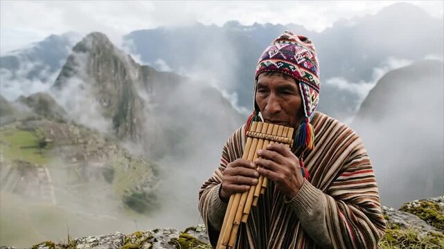 Man playing pan flute in misty Andean mountains. Traditional music performance. Indigenous culture and heritage. Mountain landscape, travel and tourism.