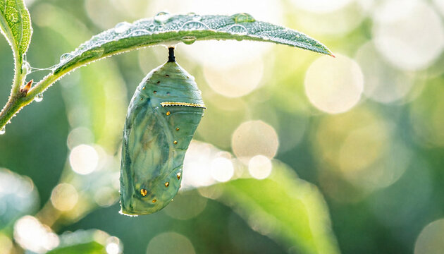 Monarch Butterfly Chrysalis Hanging From Green Leaf With Metallic Gold Details