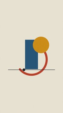 Minimalist geometric animation featuring rotating shapes with red arc and yellow circle on beige background.