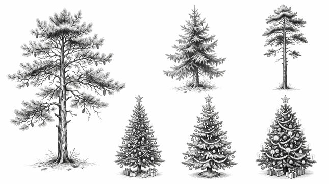 Natural pine trees and decorated Christmas trees study set with pine cones and gift boxes. Detailed pencil sketch on white background.