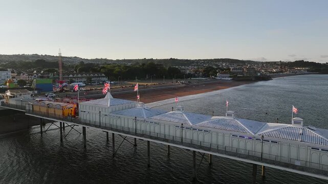 Aerial view of Paignton Pier and Beach from a drone, Paignton, Devon, England, United Kingdom