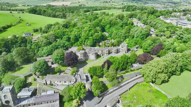 Skipton Castle from a drone, North Yorkshire, England, United Kingdom