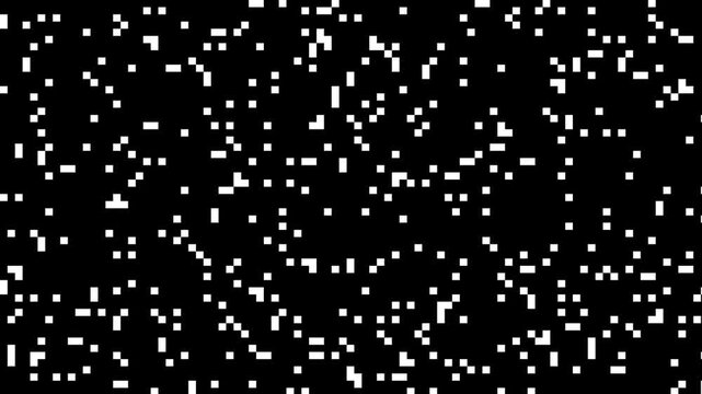 Digital white pixels flashing on black background abstract motion graphic