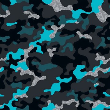 A digital camouflage pattern with abstract shapes in dark grey, black, and bright blue.