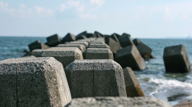 Concrete tetrapods on coastline against sea and sky
