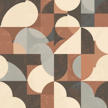 A retro-inspired geometric pattern showcases overlapping abstract shapes in muted earth tones.