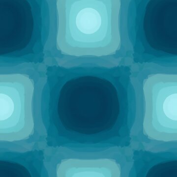 An abstract seamless pattern of layered blue squares and circles with a watercolor effect.